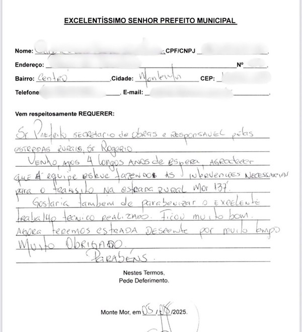Morador de Monte Mor envia carta e destaca trabalhos da prefeitura